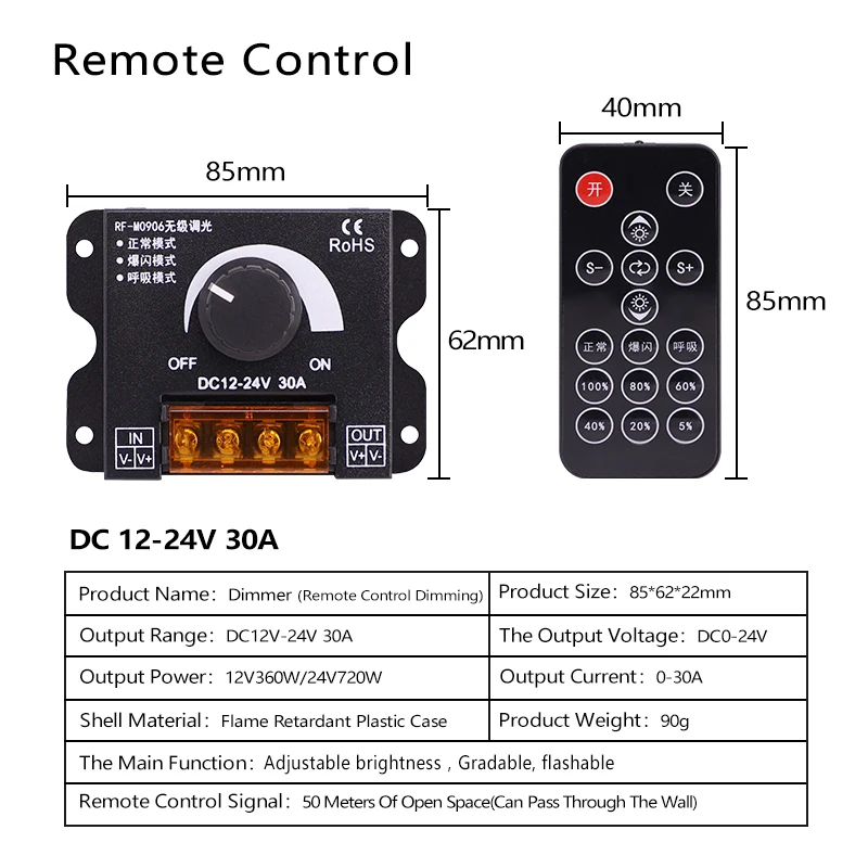 LED Single Color Light Bar Dimming Controller 30A DC5-24V BT Applet Remote Control for Lighting Fixtures