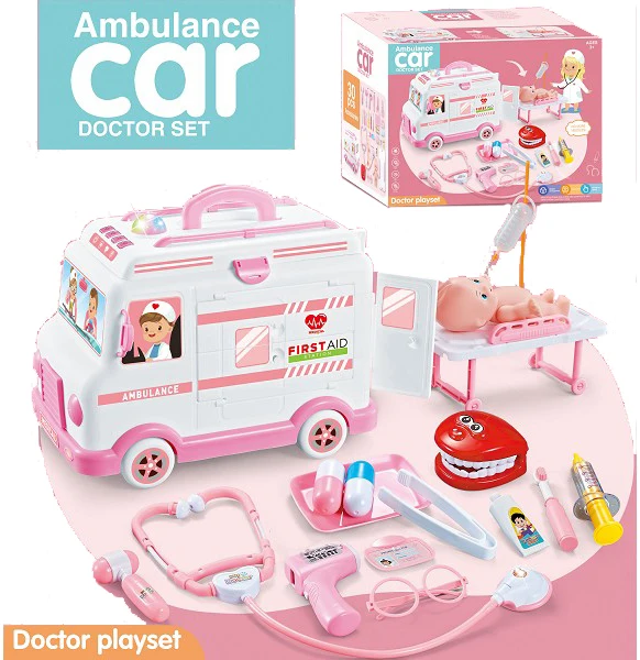 XST Electric Ambulance Doctor Kids Pretend Play Toys with Stethoscope Dentist Model, Medical Kit Doctor Play Set Plastic