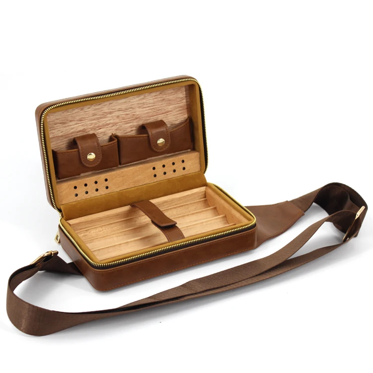 wholesale modern small  travel portable solid cigar box bag cedar leather  cigar case humidor