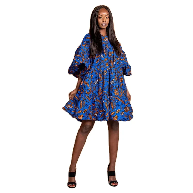 
New dashiki round neck print ladies dress African style big swing skirt 