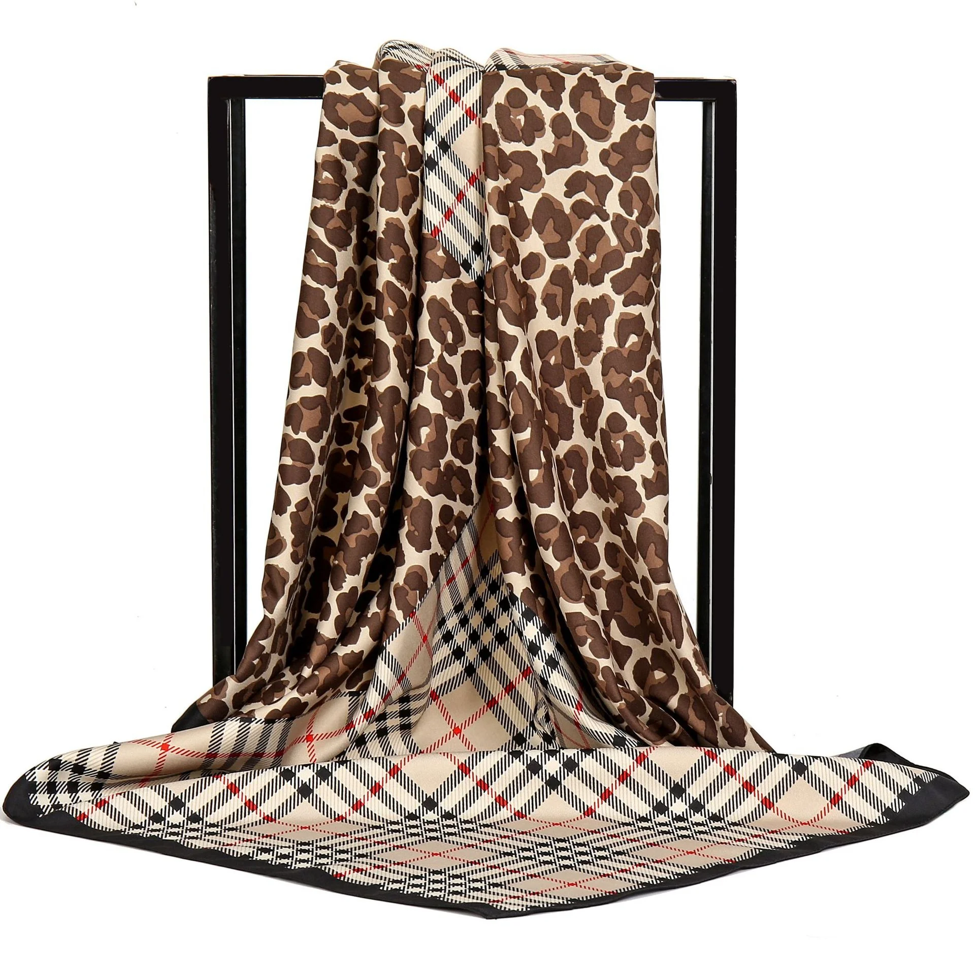 The new fashion twill print scarf large square scarf colorful leopard print patchwork checked lady scarf 90*90cm