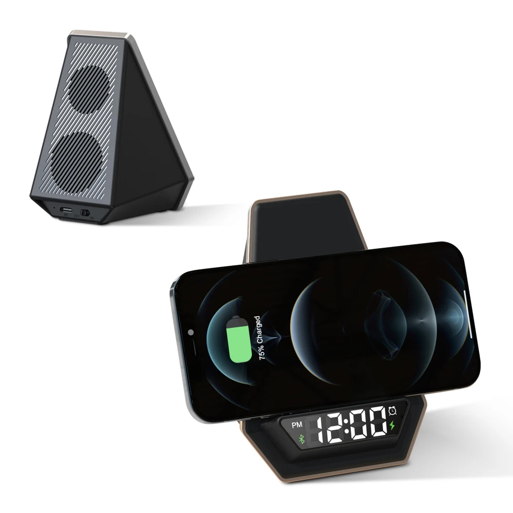 Electronic Gadgets Smart Alarm Clock Speaker Stand Custom Led Logo Portable 15W Wireless Charger Speaker