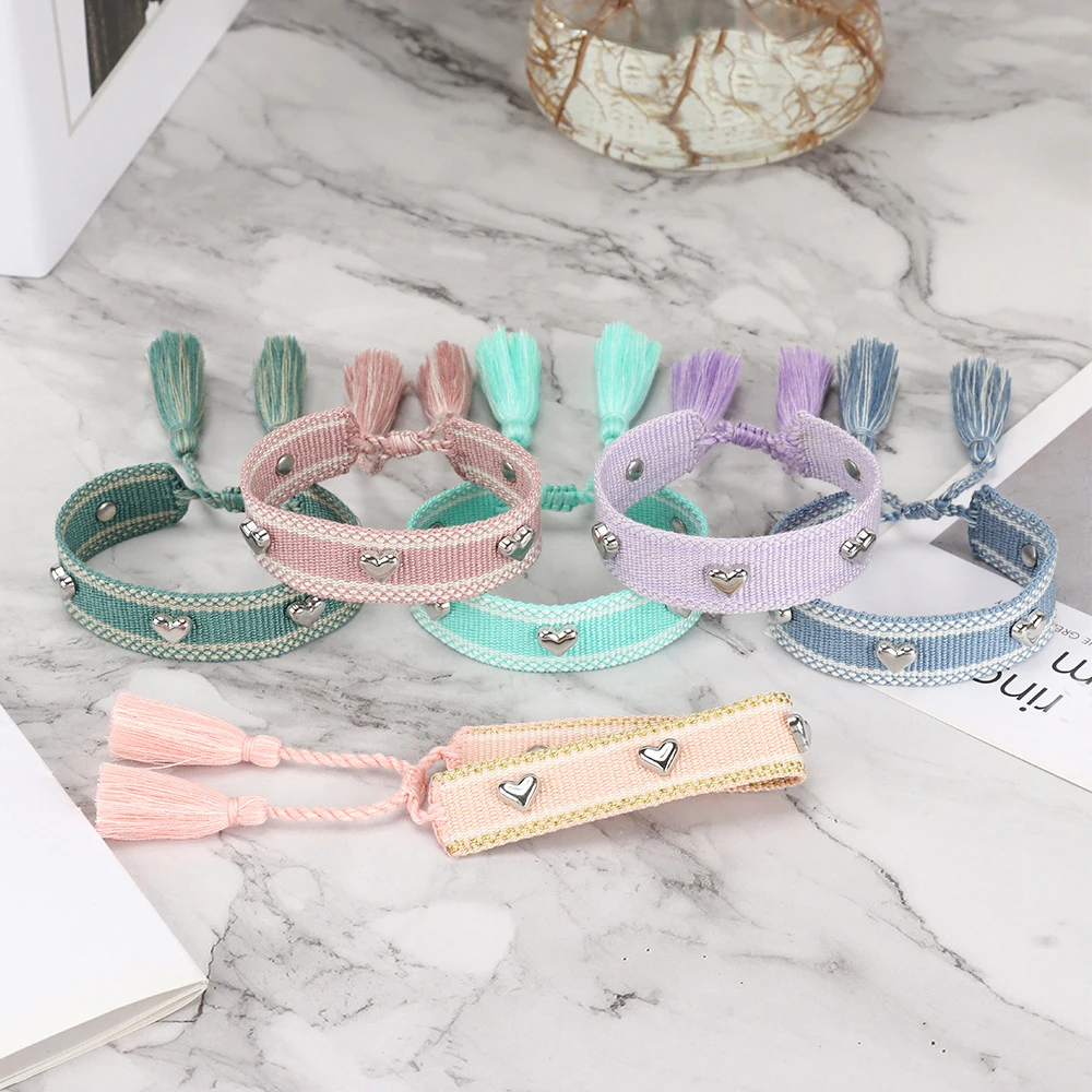 Silver Heart-shaped Metal Rivets Gift Wristband Woven embroidery adjustable rope woven Bracelets Friendship Bracelet Ladies Jewe