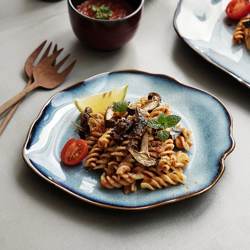 Handmade Rustic Glazed Ceramic Irregular Square Reactive Tableware Dishes Plates Restaurant Porcelain Dinner Food Serving Plates