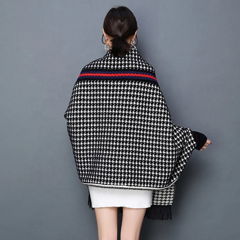 
Fashion Autumn and Winter Mink Cape Shawl Wth Sleeves Houndstooth Striped Cloak Stoles And Shawls Women 