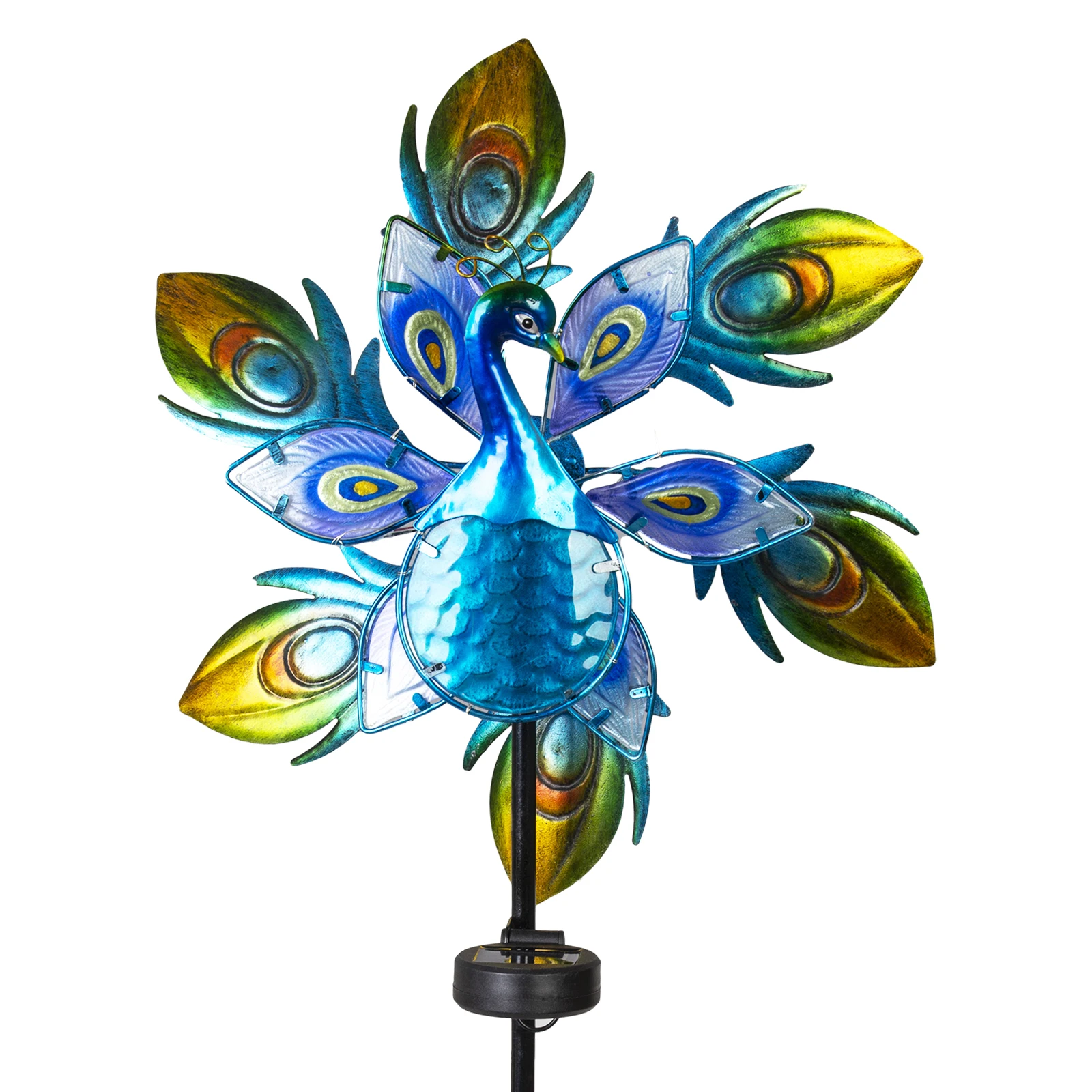 Solar Wind Spinners- Peacock Glass Wind Sculpture -LED Solar Garden Light for Yard Garden Pathway