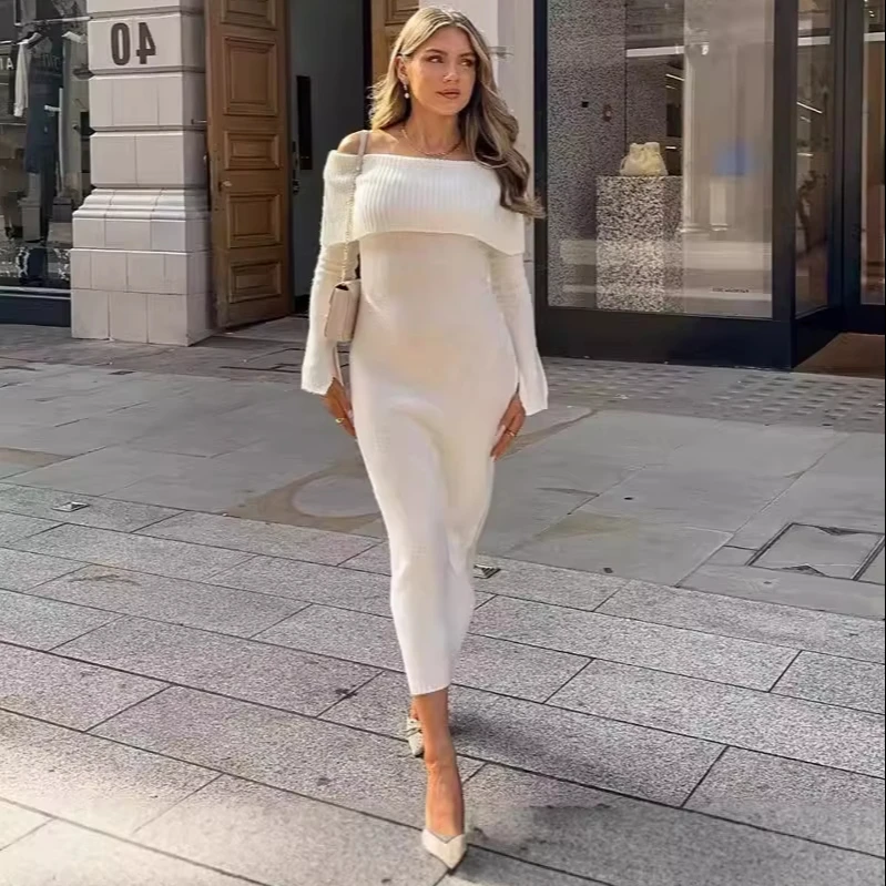 Spring 2024 new arrivals knitted dress women casual sweater dress casual off shoulder knit dresses