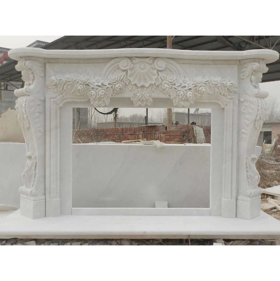 Hand carved marble fireplace mantel in white marble flower carved fireplace surround