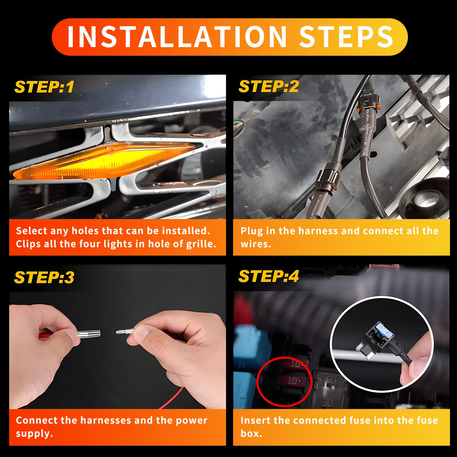 Amber Yellow Front Grille LED Lights with Wiring Harness Kit Car warning light day time running light car accessories