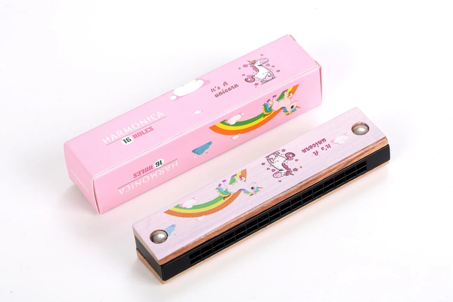Wooden Cartoon 16 Hole Double Row Harmonica Wooden Children Body Wood Material