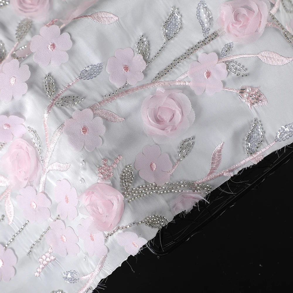 2024 New Popularity Hot Sale Products  Lace Embroidery Fabric Beaded Heavy White Bridal Beaded Fabric