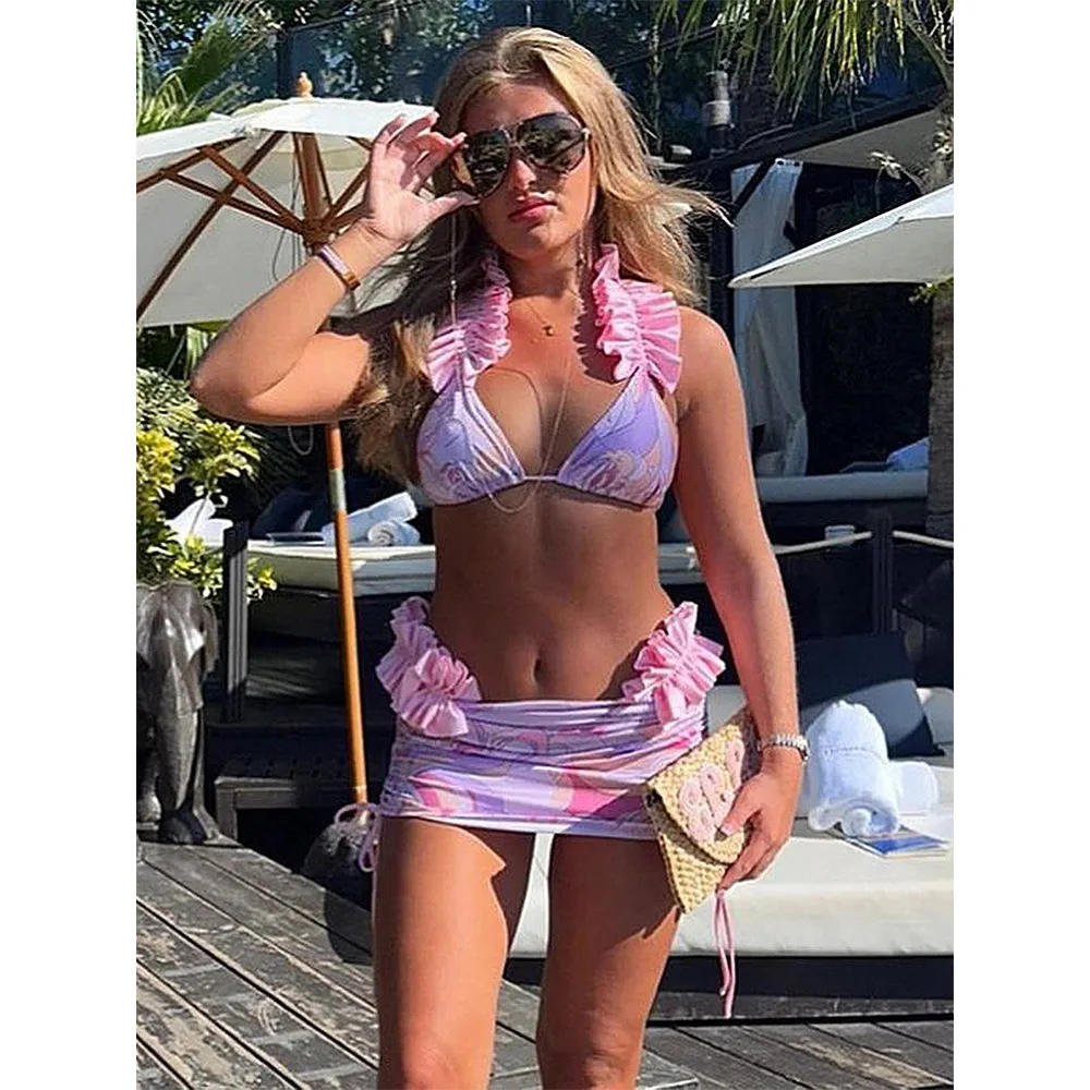 With Skirt Waved Ruffled Frilled Bikini Female Swimsuit Women Swimwear Three-pieces Bikini set Bather Bathing Suit Swim