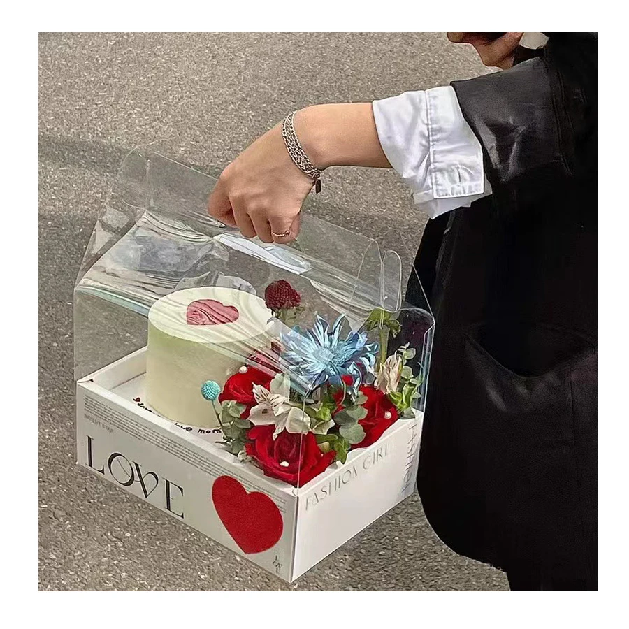 Exquisite Flower Cake Box Floding Transparent Christmas Anniversary Empty Gift Dessert Paper Packaging Box With Handle