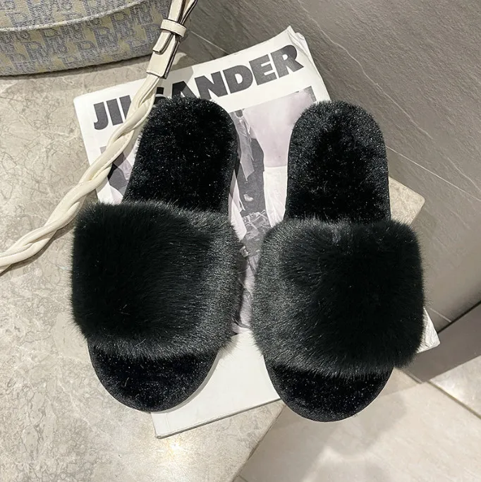 wholesale ladies dressing  fashion open toe fur flip-flops furry home  house slides slippers  women flat slippers