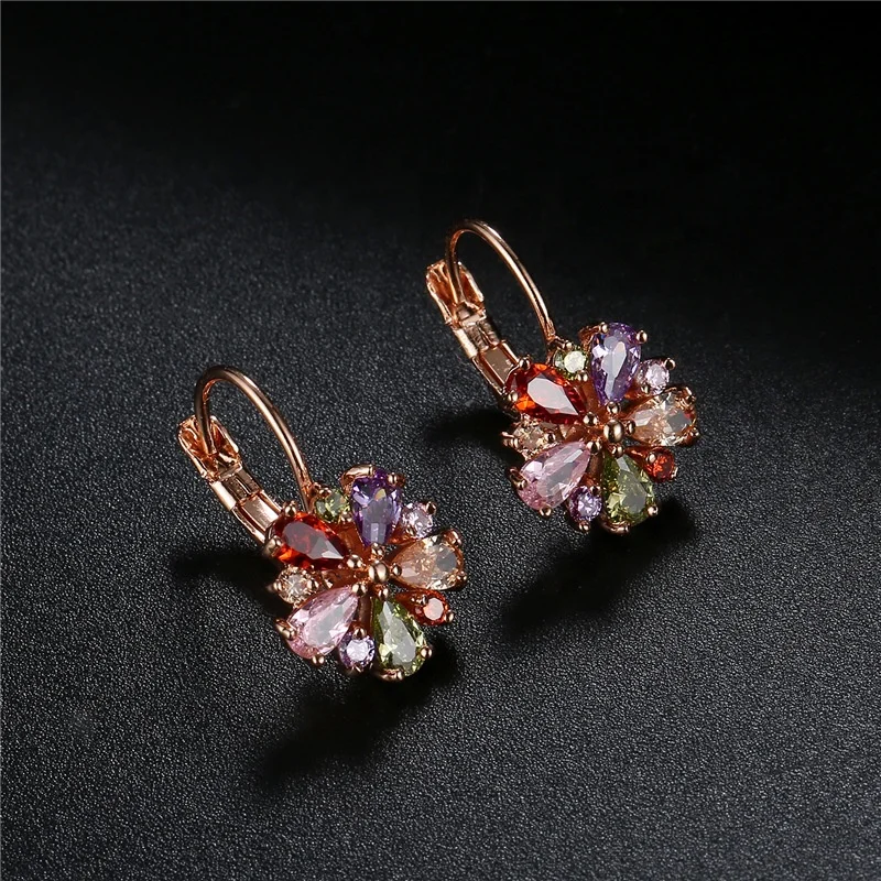 Luxury Bling Colorful Crystal Flower Charm Earrings Trendy Jewelry Rose Gold Plated CZ Bridal For Party