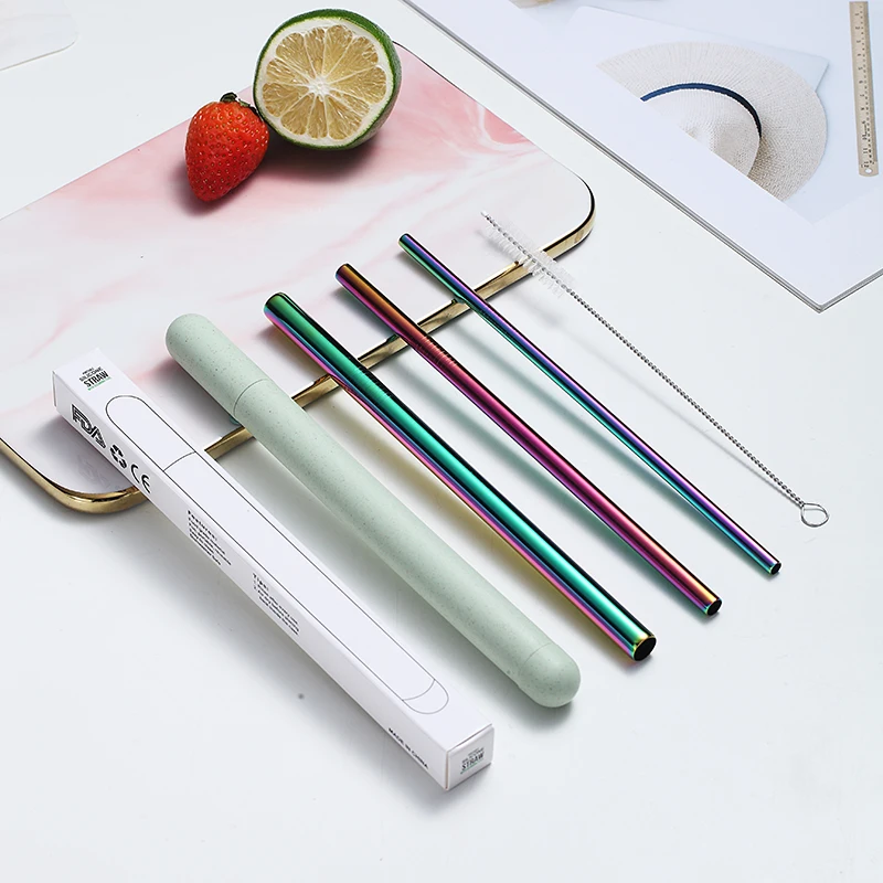 Fruit juice, milk tea, cola, reusablestainless steel straws straight with brush 3-piece  set