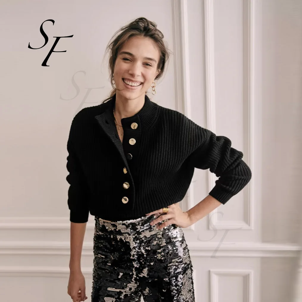 Custom autumn winter merino wool long sleeve high neckline pullover button placket beaded rib knit jumper for women