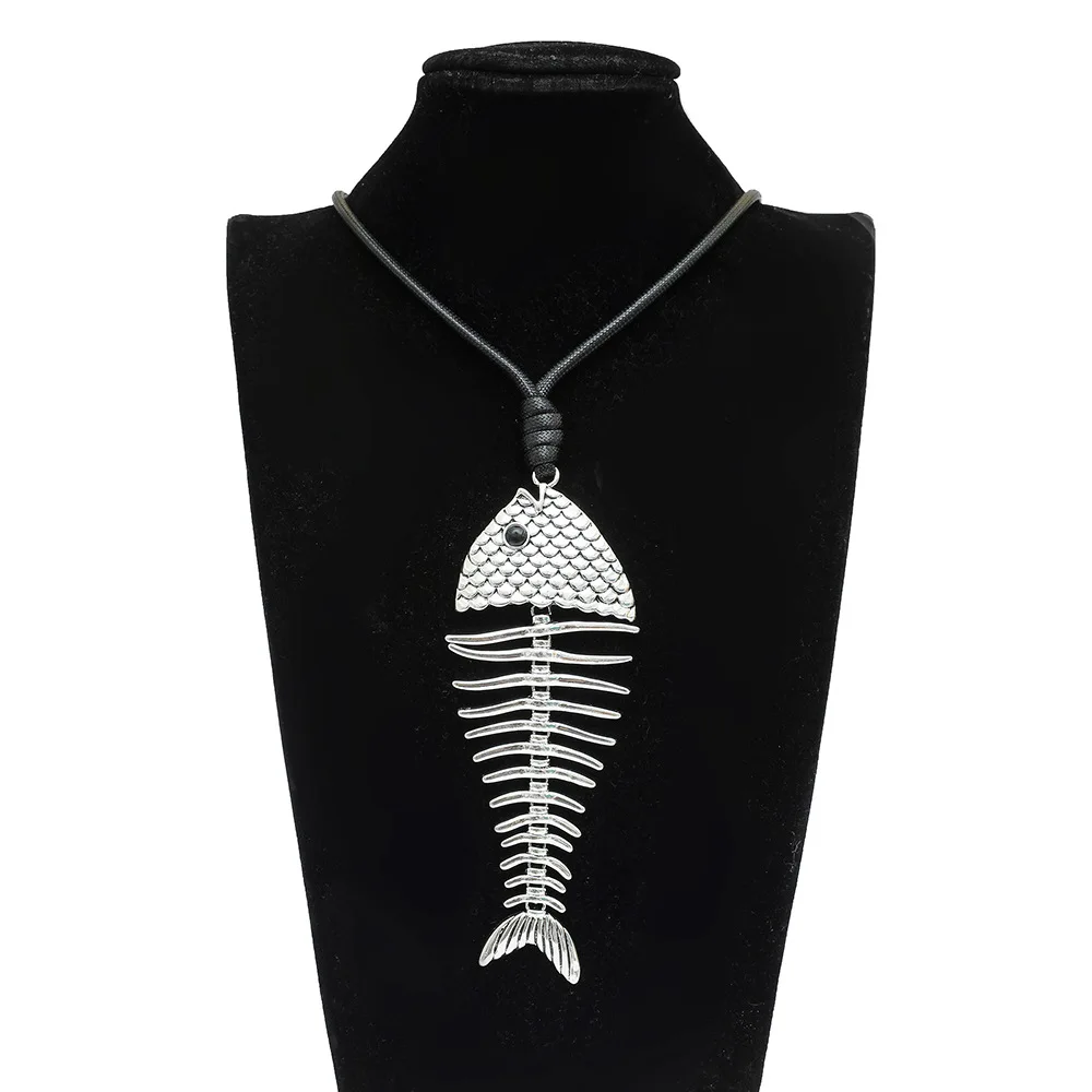 Exaggerated Long Silver Plated Black Rope Fishbone Shaped Necklace Statement Irregular Fish Bone Shaped Pendant Necklace