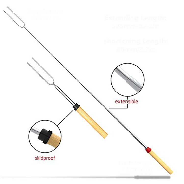 Amazon Hot Selling 8 Color Wood Handle  BBQ skewers Stainless Steel BBQ Stick Telescoping  Roasting Sticks