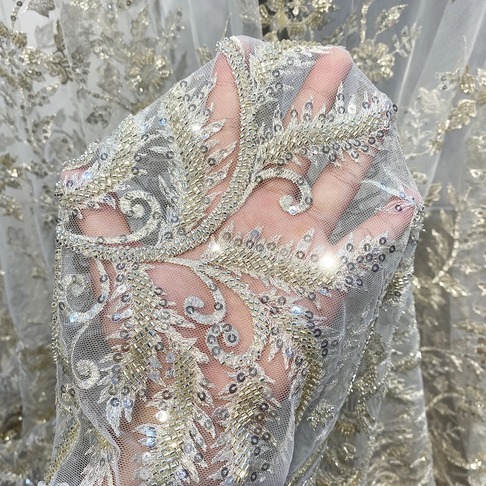 Luxury Champagne French Bridal Lace Fabric Pearls Embroidery Beaded Tulle Lace For Party Wedding Dress