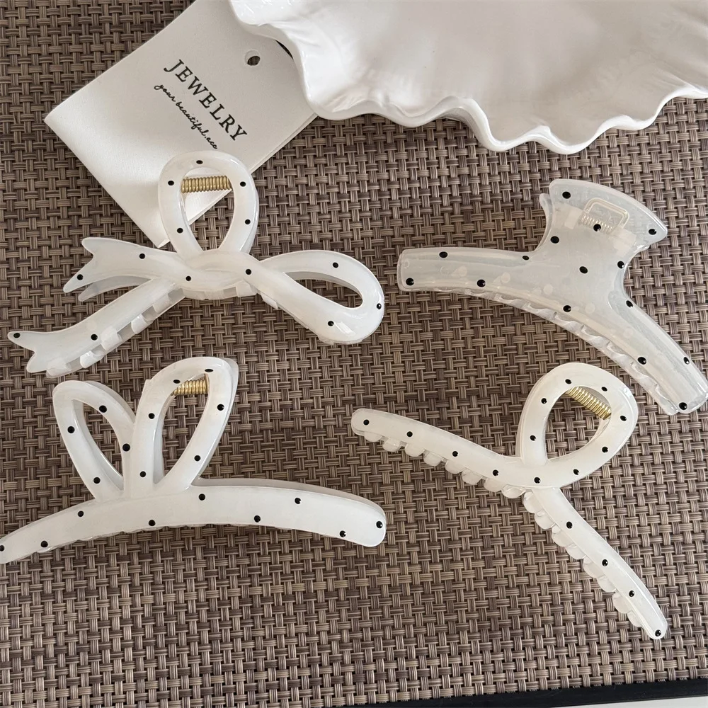 Japanese Style White Color Black Dot Printed Plastic Hair Claw Clip Fancy Large Hair Clips for Thick Hair Girls