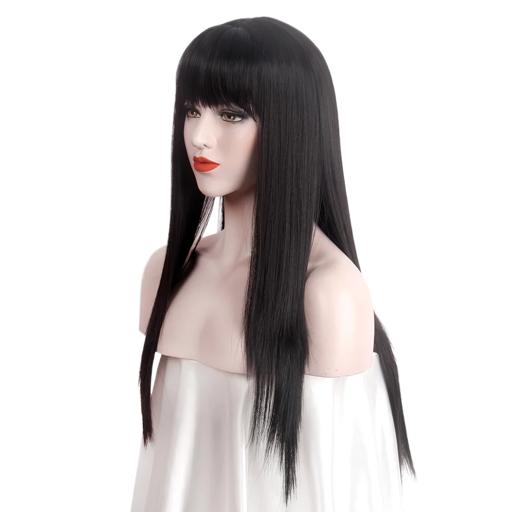 Japan Korea style Long Straight Wigs Fringe For Women Cosplay Black Hair With Bangs Daily Costume