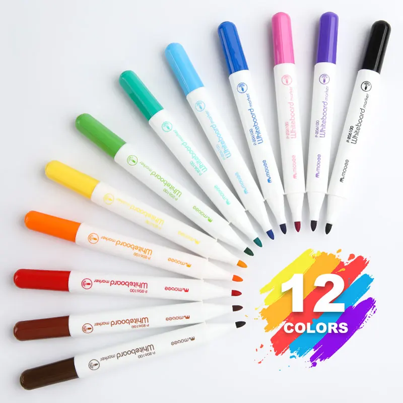 Mobee P-206100 High Quality 12 Colors Durable School Dry Erase Markers Easy Erase Non-toxic Multicolored Whiteboard Marker