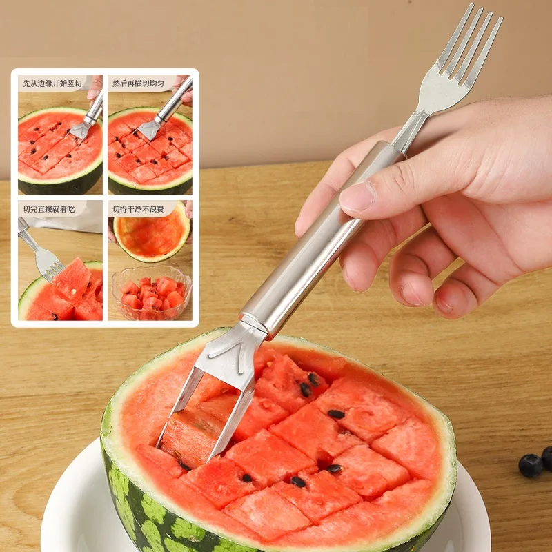 2024 New Arrival Dual Head Stainless Steel 2-in-1 Fruit Cutter & Watermelon Fork Slicer Knife Home Kitchen Gadget