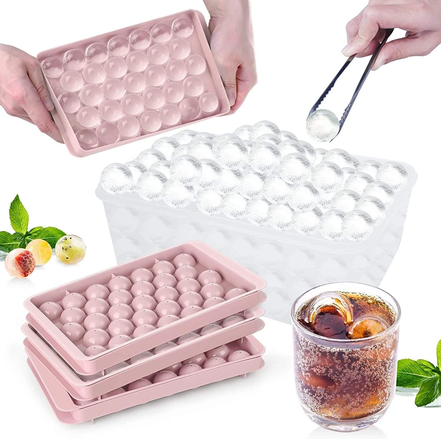 Amazon TOP Seller BPA Free Ice Ball Maker Mold Plastic Mini Round Ice Cube Tray With Lid Bin and Scoop