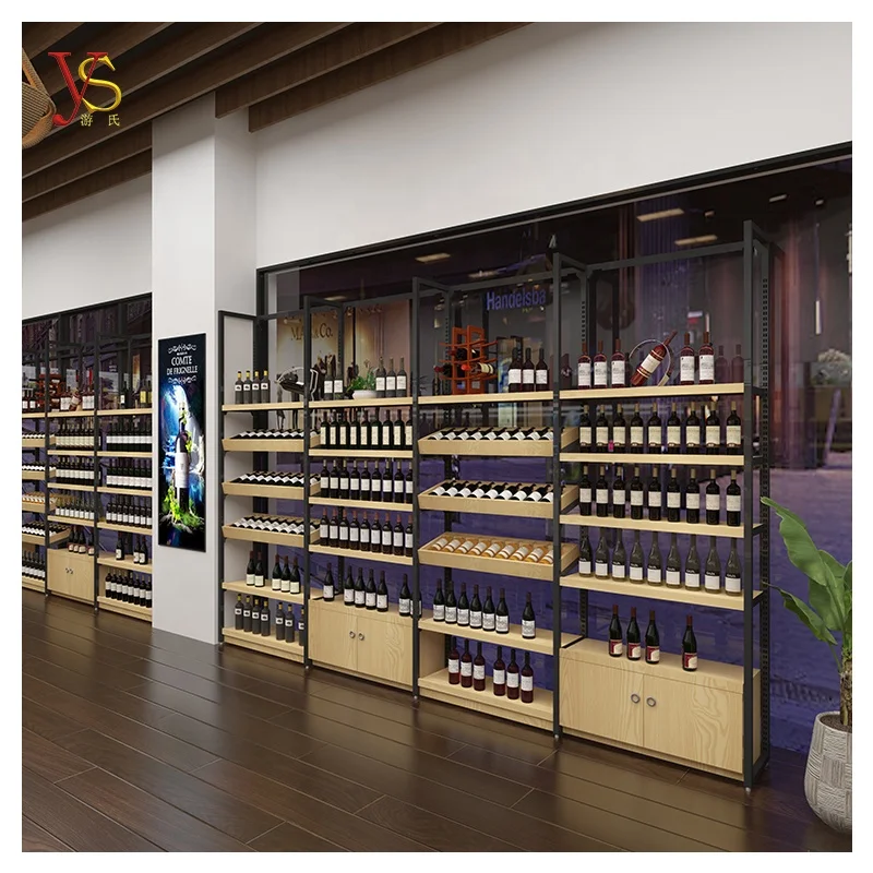 YSshelves wine shop interior design alcohol rack wood shelves whiskey display cabinet liquor store