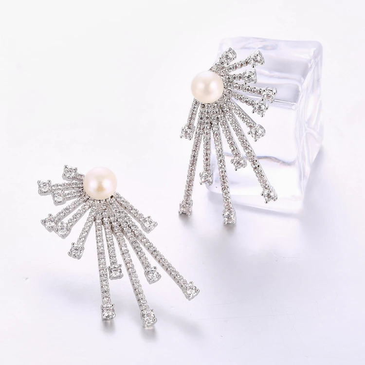 bridal earrings cz pearl studs sparking cz line bling luxury women earring
