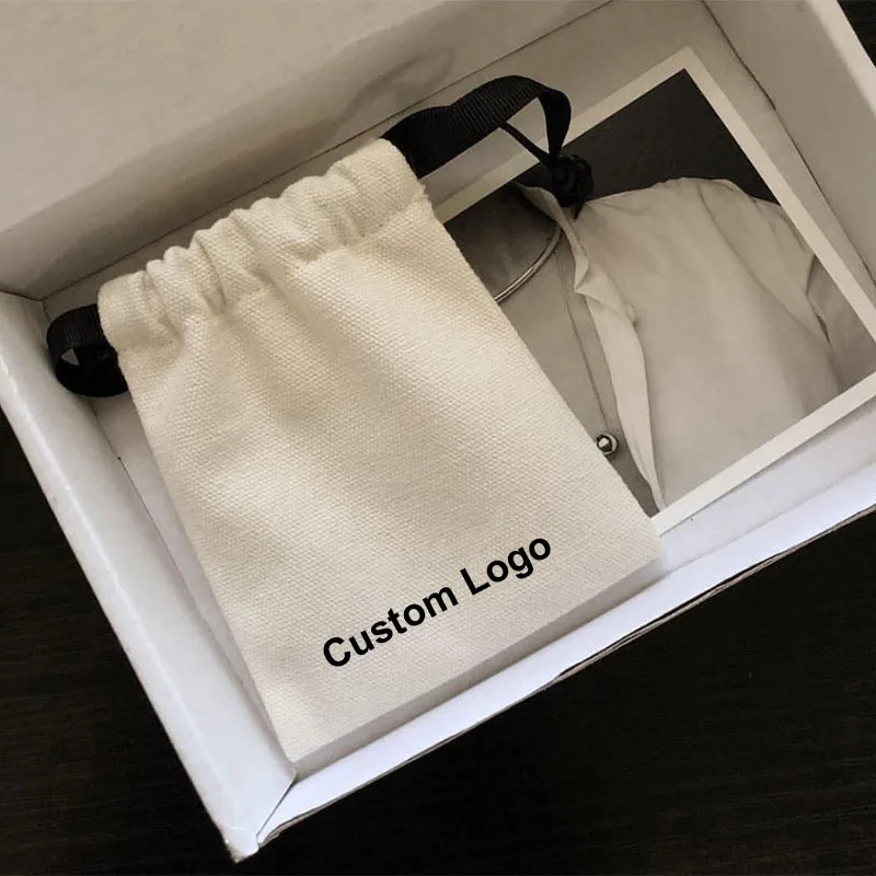 Custom Small Cotton Canvas Drawstring Jewellery Pouch Bag With Logo Print