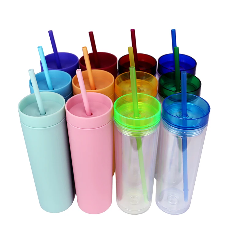 Eco-friendly  Acrylic Plastic Straight Skinny Tumbler Matte Double Wall Cup Soft Touch 16 oz Plastic Tumbler with Straw