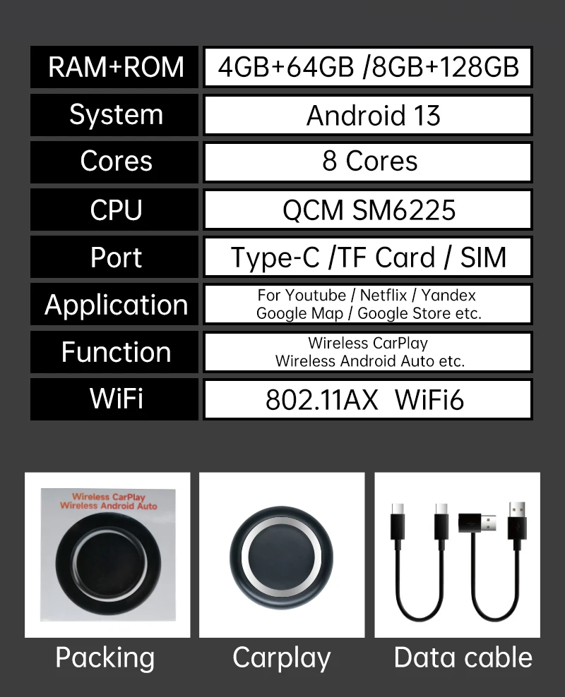 Wireless in car Carplay AI Box Android 13 system suitable for iPhone and Android from wired to wireless 8+128GB