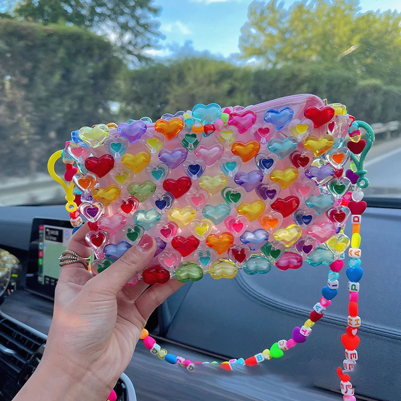 Summer ladies love fairy hand-woven silicone PVC handbag shoulder diy material underarm purse jelly heart shape beaded beach bag