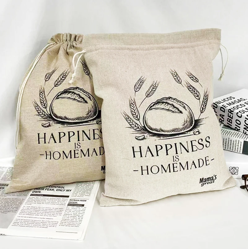 Custom Brand Logo Eco friendly Drawstring Reusable Bread Bags Cotton Linen Baking Food Bags For Bakery