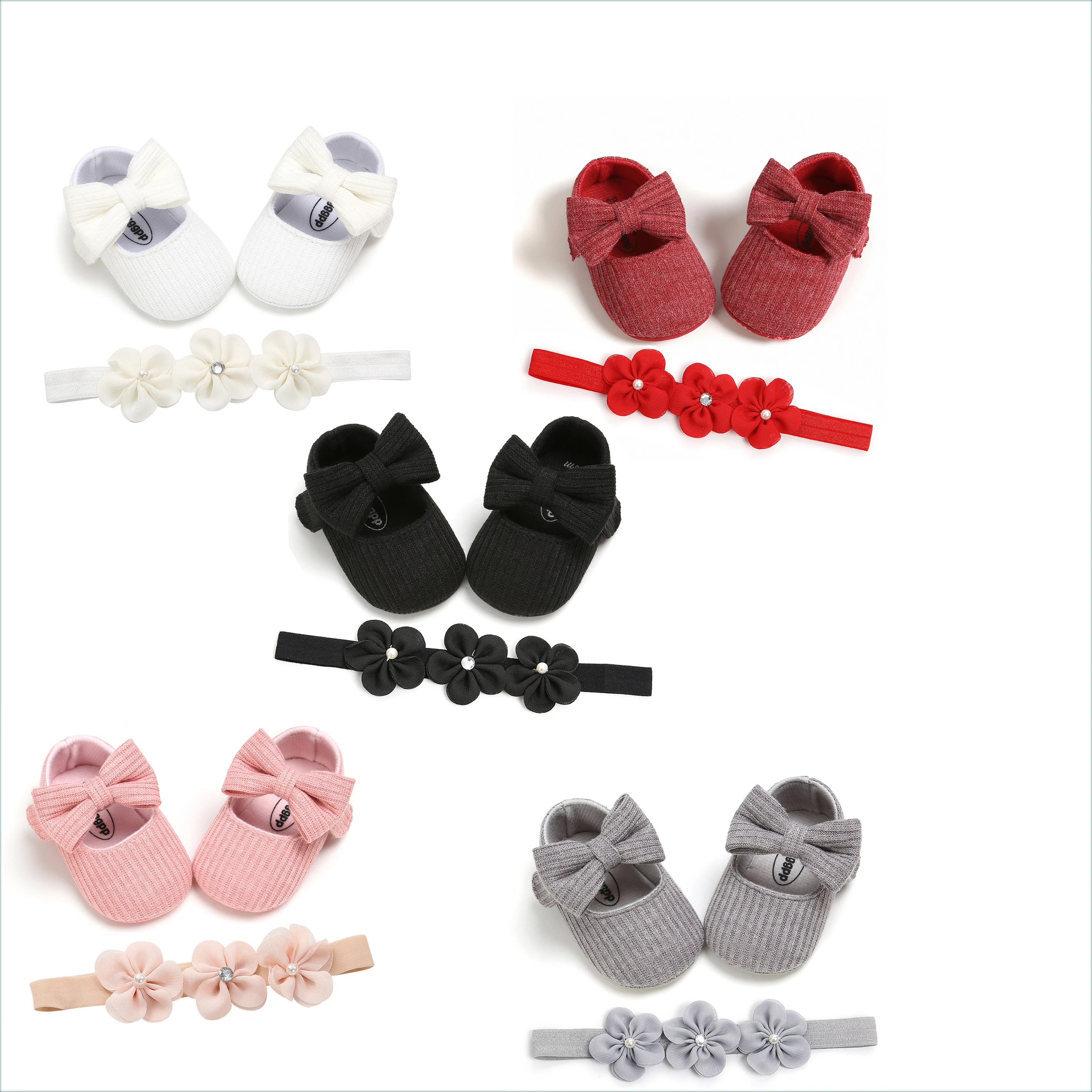 2021 cute soft bow baby toddler shoes pink solid color with flower headband set
