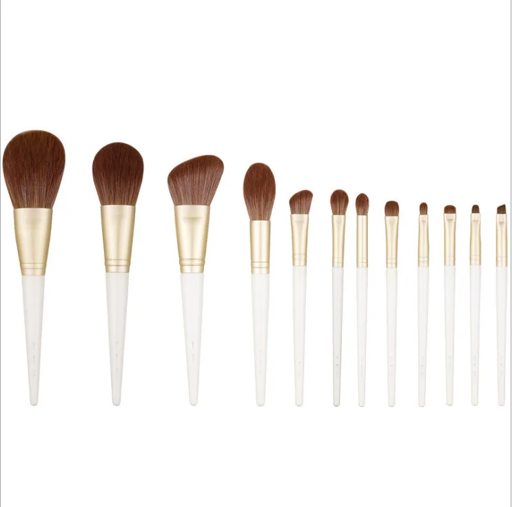 OUMO BRUSH-Fashion white handle golden aluminum/copper tube brown synthetic knot makeup brushes 12PCS makeup brush set