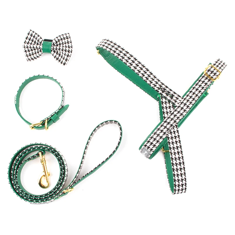 New Design Adjustable Green Pu leather Thousand Birds Print Pattern Dog harness set with PVC Label and Metal buckle for Puppy