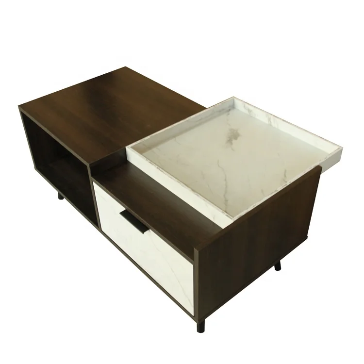 Promotional classic modern coffee table with solid wood legs nordic design coffee table sliding marble top with storage drawer