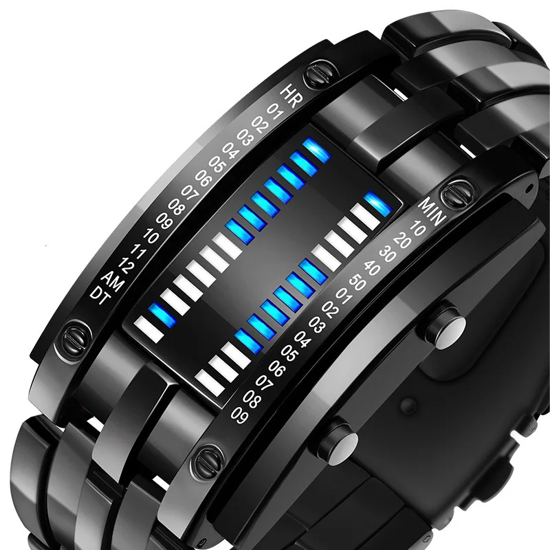 Fashion Creative Sport Watch Men Stainless Steel Strap LED Display Watches Binary Digital Watch reloj hombre