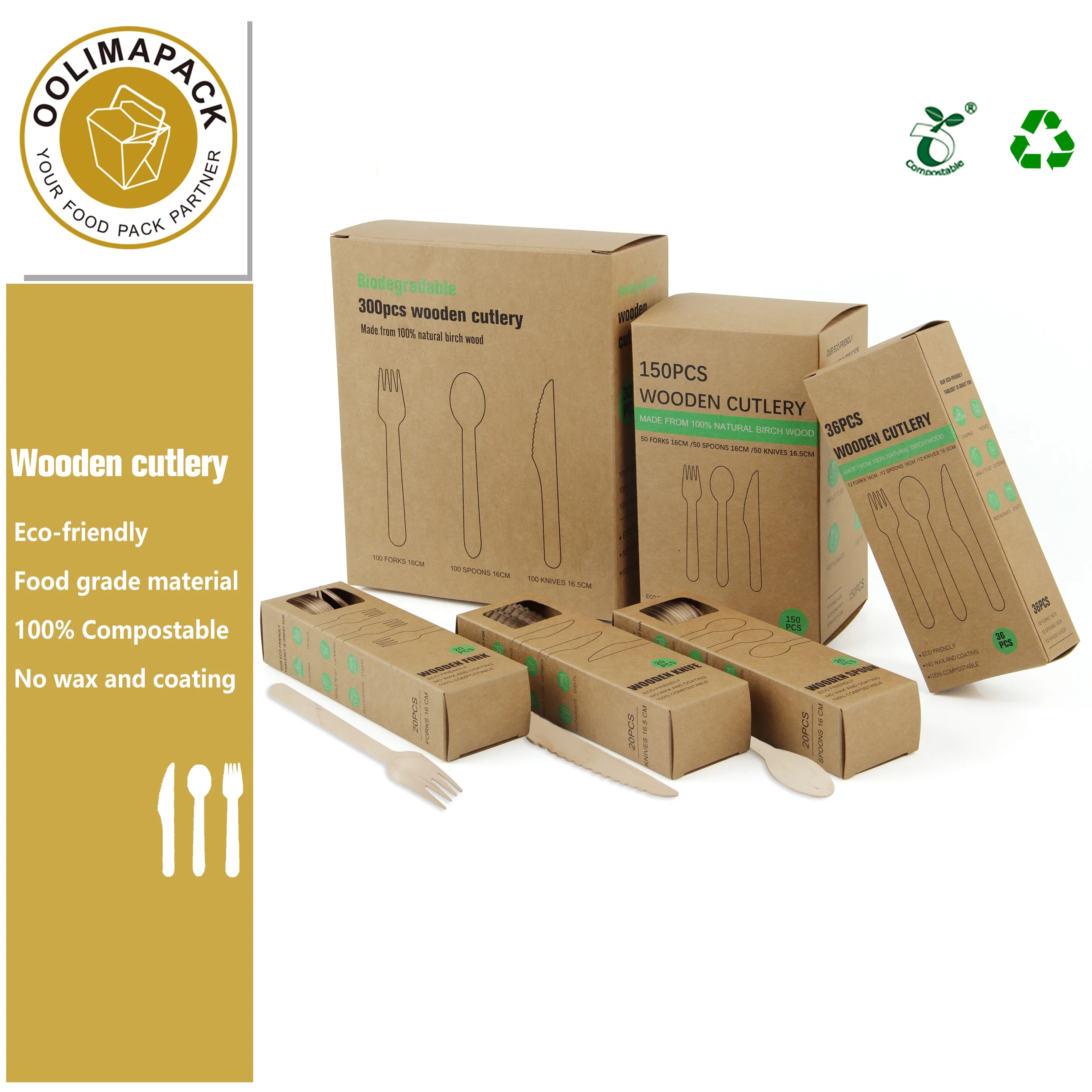 100% Eco friendly disposable 160mm wood cutlery set knives forks spoon biodegradable dinnerware utensils with box