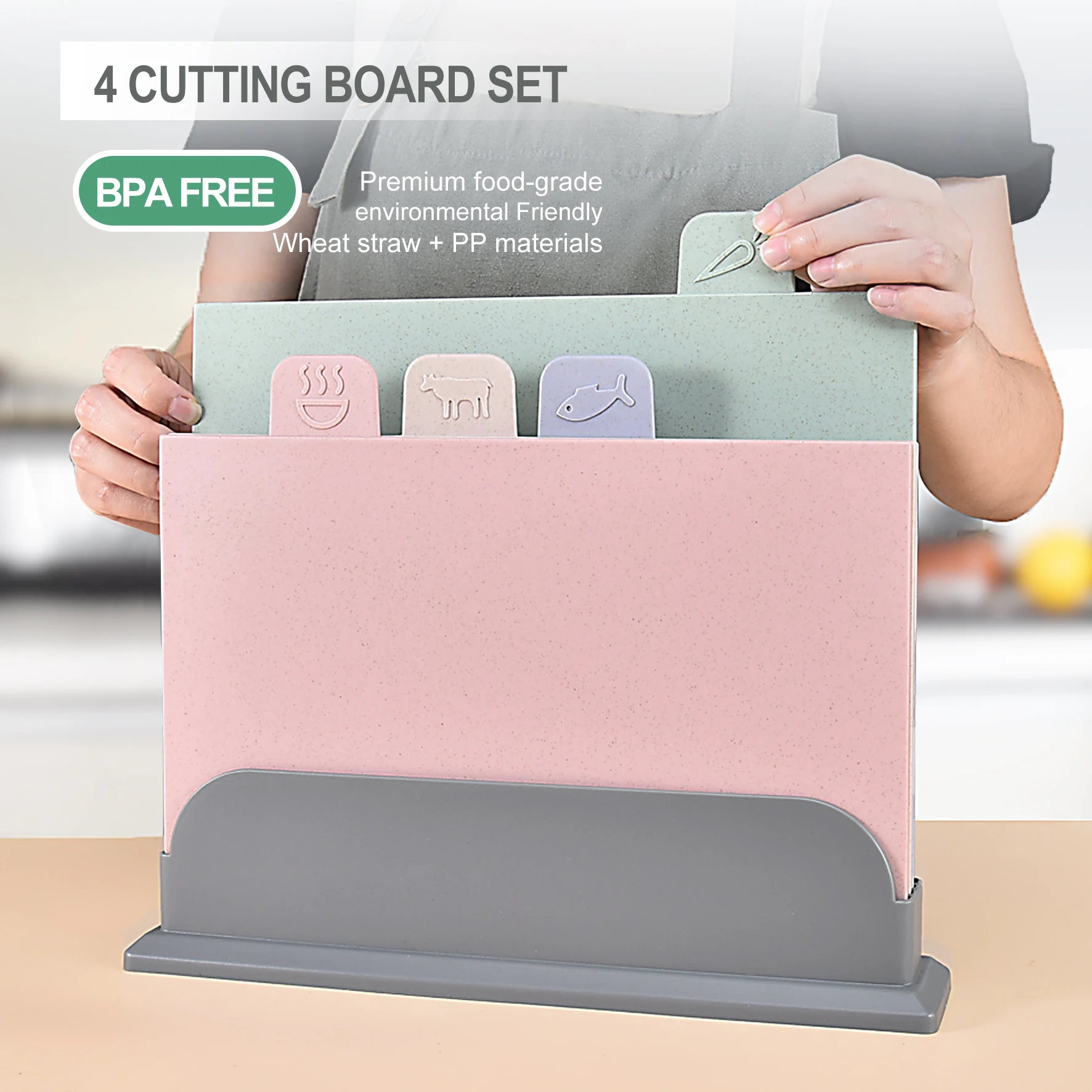4 PCS Wheat Straw Plastic Chopping Board Set Raw and Cooked Food Cutting Board Non-slip Chopping Board with Storage Holder