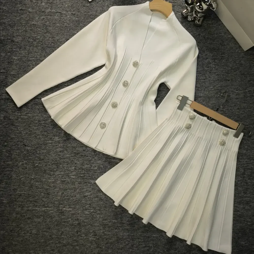 2025 Two Piece Set Spring Lady Suit Long Sleeve Single Breast Knit Cardigan Mini Pleated Skirt Women 2Pcs/set