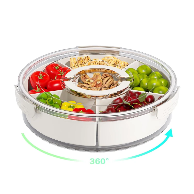 Portable Plastic Round Snack Serving Tray Snackle Box Container Snack Spinner Rotatable Divided Serving Tray with Lid and Handle