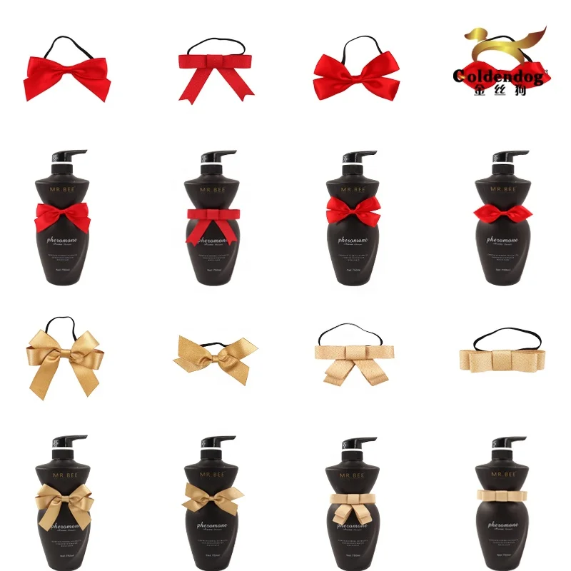 Customized Bottles Gift Decoration Custom Handmade Satin Grosgrain Ribbon Bow with Elastic Band Loop For Neck Bottle Wrapping