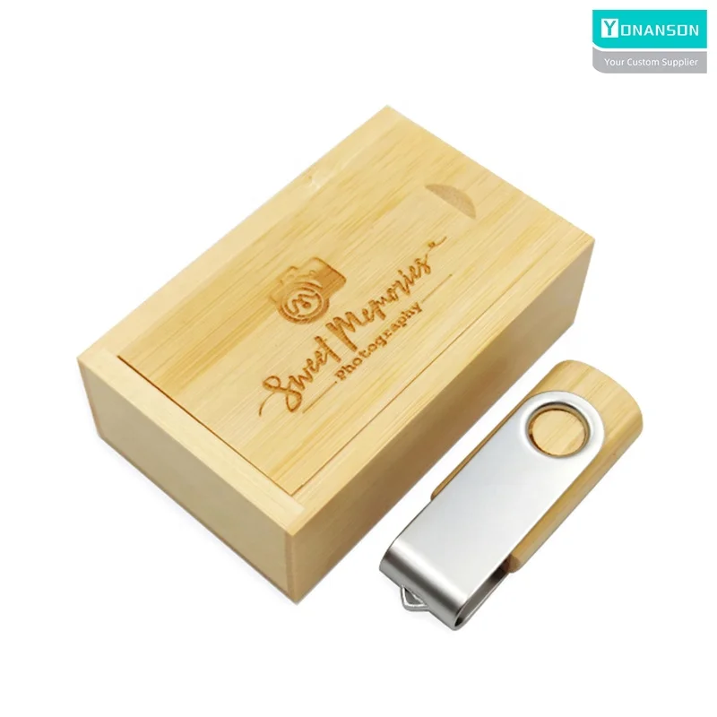 Custom Wooden Swivel USB Flash Drive 3.0 USB 2.0 Gift Box Wholesale Flash Memory USB 32GB Wood Rotating Pendrive 128gb