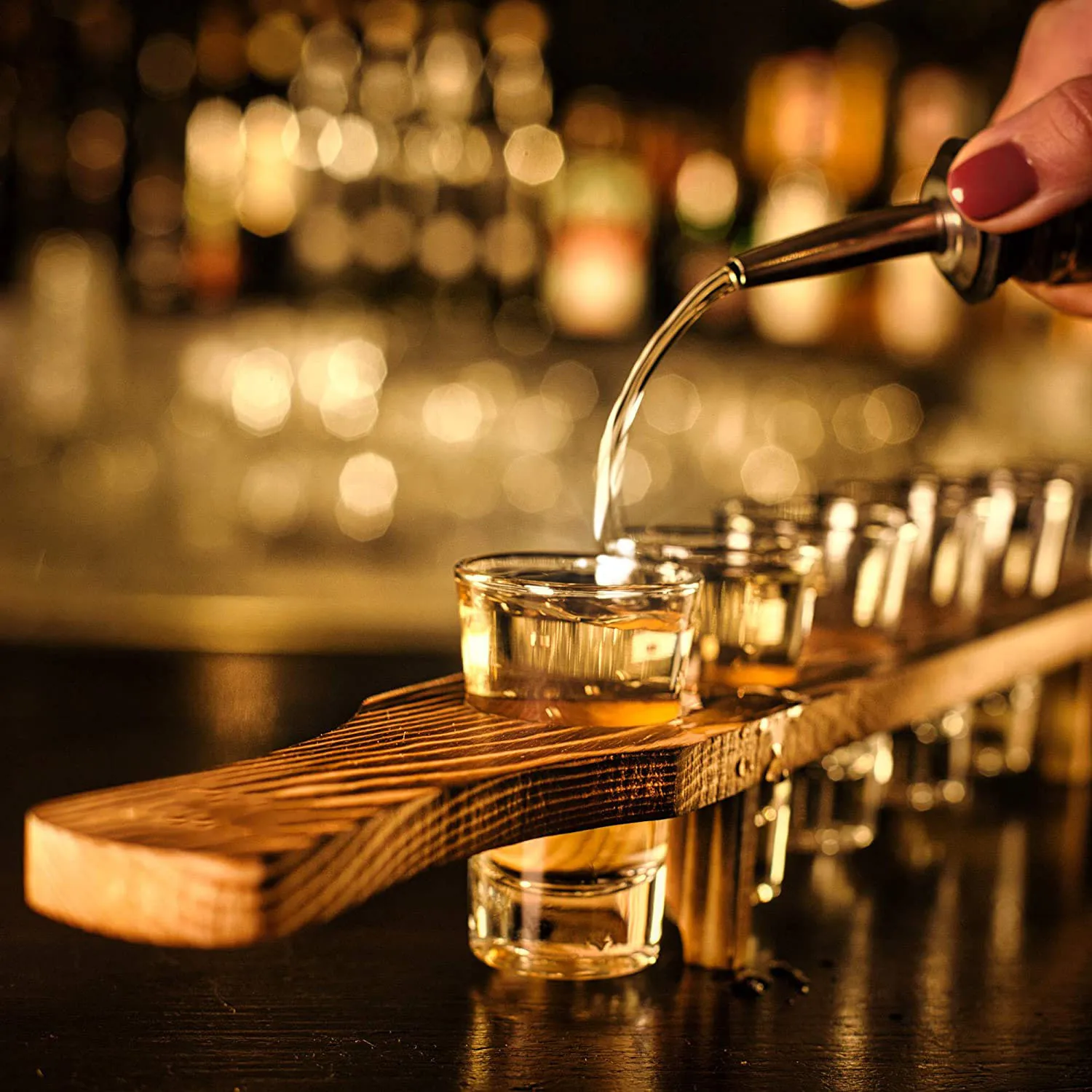 1.5oz/45ml Unique Rustic Wooden Holder Heavy Base Shot Glass for Whisky Tequila with Serving Tray