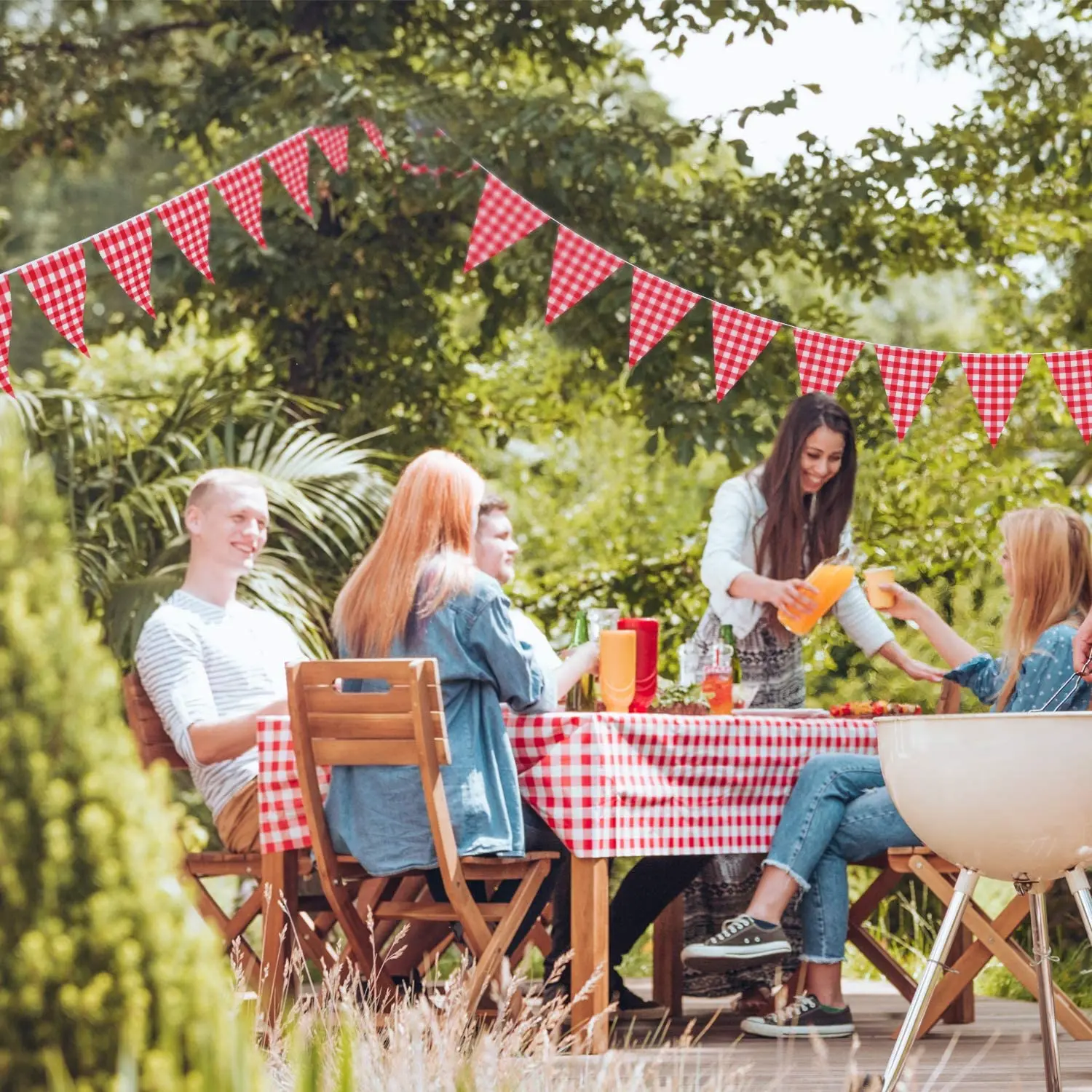
Red and White Checkered pennant banner Large Gingham Triangle Banner Red and White Banner for Picnic Birthday 