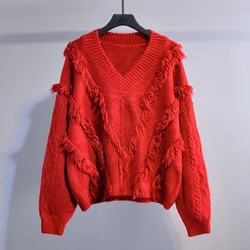 B23698A Women V-neck fringed knit sweater spring and autrumn wear sweater